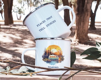 Personalized Camper Van Mug, Watercolor Camping Mug, Custom Enamel Travel Mug, Van Life Mug, Adventure Coffee Mug Gift