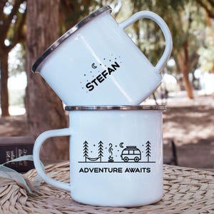 Custom Camping Mug, Personalized Camper Mug, Adventure Awaits Mug, Enamel Camp Mug, Van Life Mug, Camper Van Mug, Outdoor Adventure Gift