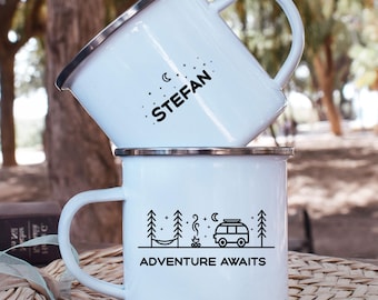 Adventure Awaits Personalized Camper Mug, Custom Name Enamel Camping Mug, Van Life Coffee Cup, Couple Travel Mug Gift