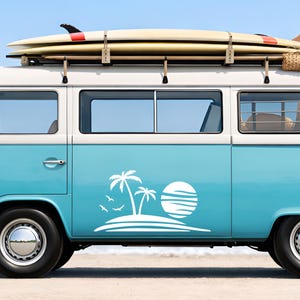 Stickers camper, stickers bestelwagen, sticker tropische zonsondergang palmboom, strand van Life RV camping vinylsticker, decor surfen reizen