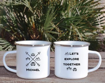 Taza de camping de aventura personalizada, taza de camping esmaltada con nombre personalizado, taza de café de explorador, regalo para actividades al aire libre