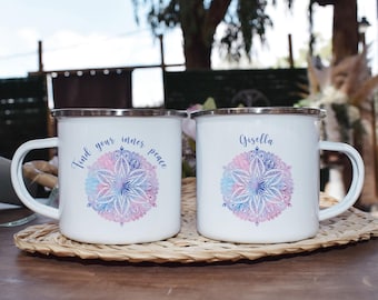 Gepersonaliseerde mandala-mok, emaille mok aangepaste naam, boho spirituele koffiekop, yoga-meditatiecadeau