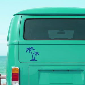 Camperstickers, bestelwagenstickers, sticker twee palmbomen, minimaal tropisch strandontwerp, Van Life-vinyl