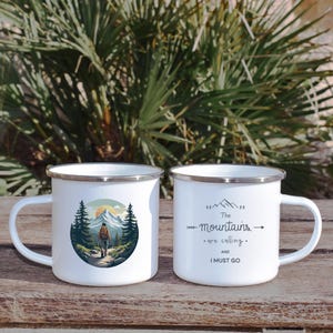 Camper Mug, Mountain Mug, The Mountains Are Calling Mug, Enamel Camp Mug, Hiking Coffee Mug, Camper Coffee Cup, Van Life Mug, Camping Mug