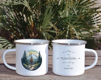 Mountain Adventure Mug, Hiking Enamel Camping Mug, Outdoor Coffee Cup, Nature Lover Mug Gift