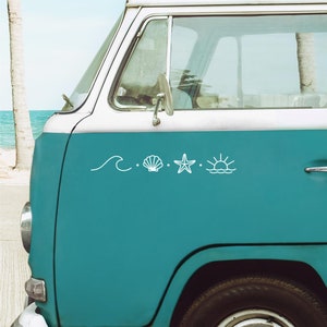 Set of 4 Sea Life Vinyl Decals with Wave, Clam, Starfish & Sunset – Ideal for Campers and Vans.