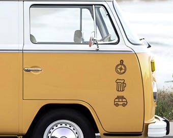 May include: A yellow and white vintage van featuring a black decal on the side panel. The decal consists of three stacked icons: a circular compass, a frothy beer mug, and a small van silhouette, all rendered in a simple line art style.