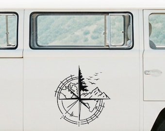 Camper Stickers, Van Stickers, Compass Mountain Forest Map Decal, Adventure Camper Van Sticker, RV Caravan Vinyl