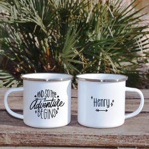 Camping Mug, Adventure Begins Mug, Personalized Name Mug, Enamel Coffee Mug, Camping Coffee Cup, Custom Camper Mug, Road Trip Mug