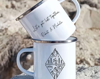 Personalisierte Berg Camping Becher, benutzerdefinierte Name Emaille Camper Becher, Wandern Kaffeetasse, Berg paar Becher Geschenk