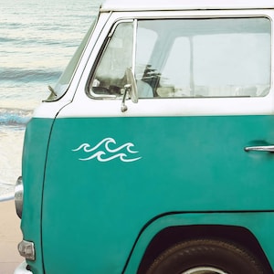 Peut inclure: Un van vintage turquoise et blanc avec un autocollant de vague blanche sur le côté. Le van est garé près de l'océan, avec les vagues visibles en arrière-plan. Le van a un toit blanc et un rétroviseur chromé.