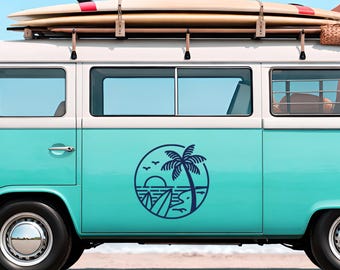 May include: A teal and white vintage van with surfboards on top. A circular graphic of a palm tree, sun, and waves is on the side of the van. The van is parked on a sandy beach under a clear blue sky.