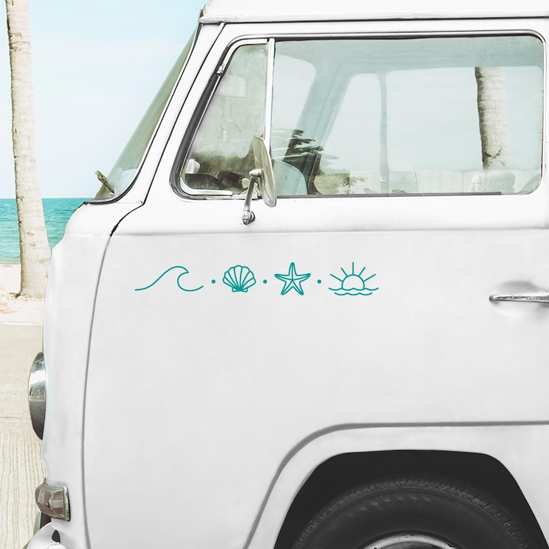 Sea Icons Sticker Set with Wave, Clam, Starfish, and Sunset – Great for Motorhomes and Cars.