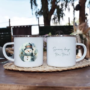 Camping Mugs, Personalized Snowman Mug, Custom Winter Mug, Enamel Camp Mug, Snowy Days Mug, Holiday Mug, Custom Camping Gifts, Christmas Mug