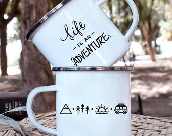 Personalized Adventure Camper Mug, Custom Name Enamel Camping Mug, Van Life Coffee Cup, Men's Travel Mug Gift