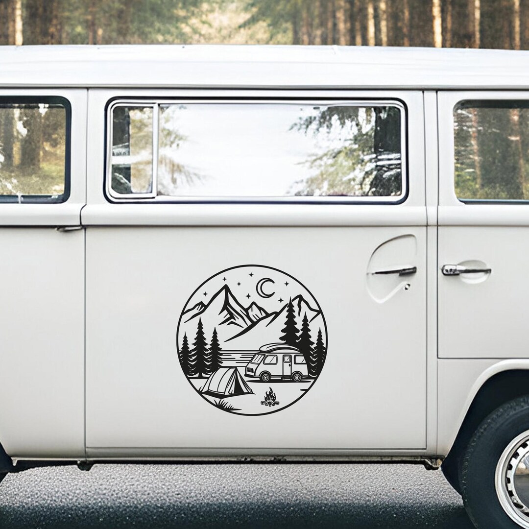 Sticker Over Computer Campera Caravan Sticker, Mountain Campfire Decal, Forest Camping Trailer ...