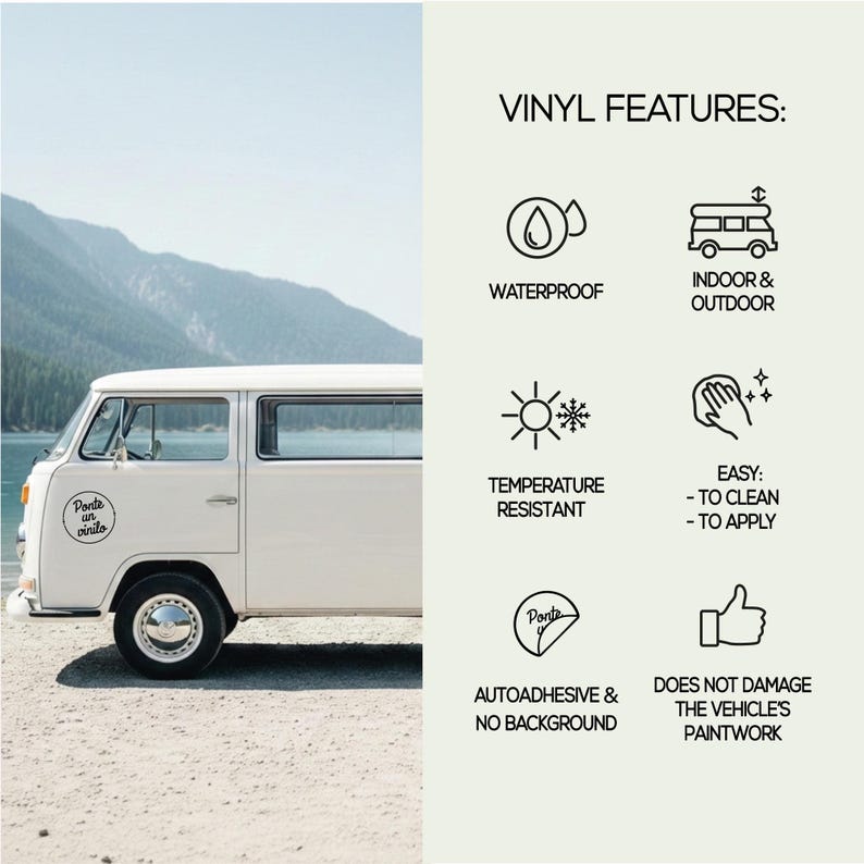 May include: A white vintage van parked on a beach with mountains in the background. The image includes text that reads "Ponte un vinilo" and "VINYL FEATURES: WATERPROOF, INDOOR & OUTDOOR, TEMPERATURE RESISTANT, EASY: - TO CLEAN - TO APPLY, AUTOADHESIVE & NO BACKGROUND, DOES NOT DAMAGE THE VEHICLE'S PAINTWORK."