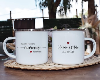 Personalized Couple Camping Mug, Enamel Campfire Mug, Custom Couple Mug, Van Life Mug, Anniversary Gift Mug, Romantic Coffee Mug