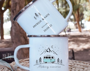 Personalized Camping Mug, Couple Camper Van Mug, Making Memories Mug, Van Life Enamel Mug, Campfire Anniversary Gift
