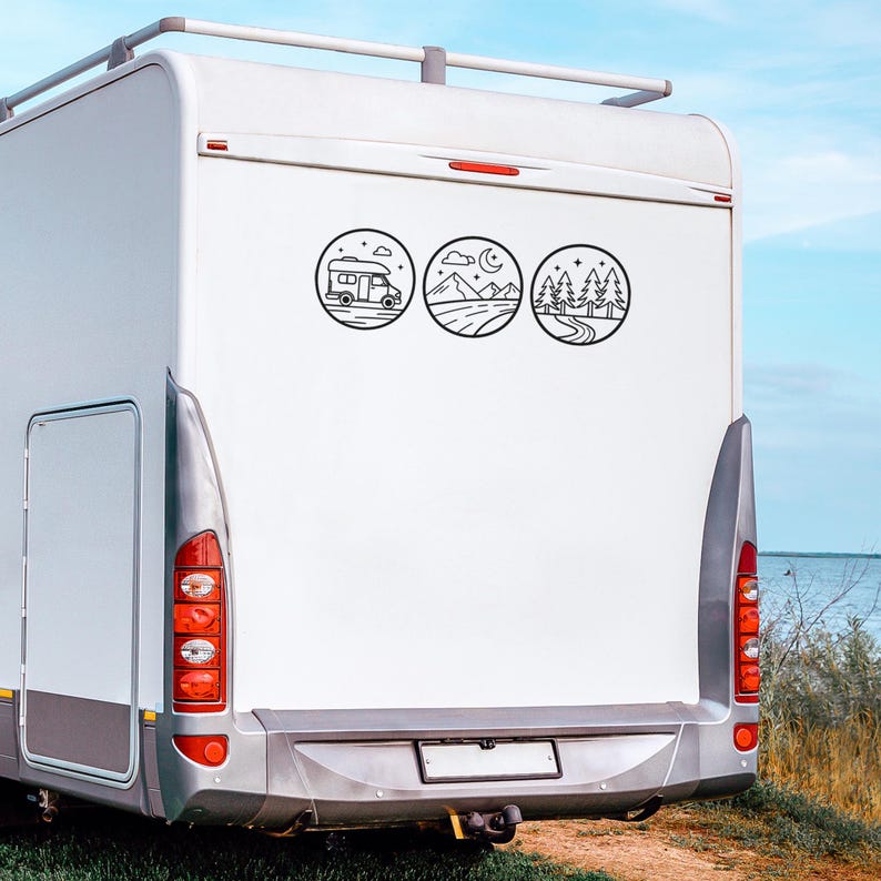 Camper Stickers, Van Stickers, Minimalist Circle Camper Mountain Forest ...