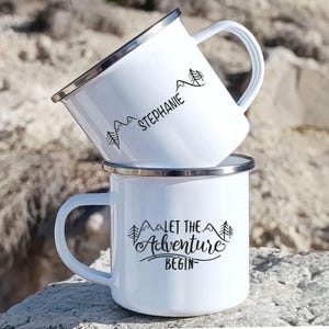 Taza de camping, taza de campista esmaltada personalizada, taza de viaje de aventura en la montaña