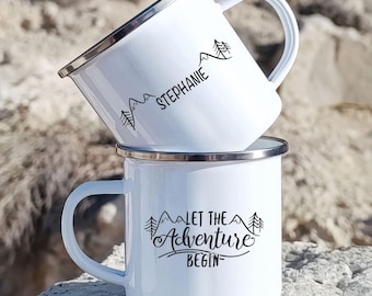 Personalized Mountain Adventure Mug, Custom Name Enamel Camping Mug, Hiking Coffee Cup, Van Life Mug Gift