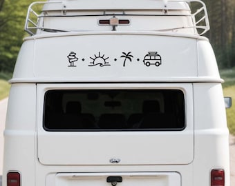 May include: A black vinyl decal applied to the rear of a white van, featuring a horizontal sequence of four icons: a directional signpost, a rising sun over waves, a palm tree, and a small camper van, separated by small black dots.