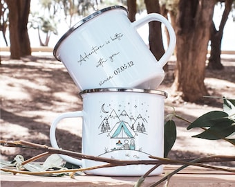 Personalized Camping Mug, Couple Campfire Enamel Mug, Tent Camping Coffee Cup, Mountain Adventure Gift for Couples