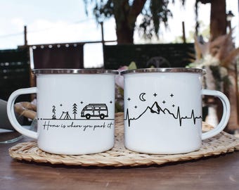Personalized Camping Mug, Camper Van Mug, Enamel Campfire Mug, Van Life Mug, Adventure Travel Mug, Outdoor Gift