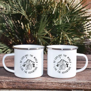 Taza de camping, taza de esmalte para caravana, taza de café para la aventura en furgoneta