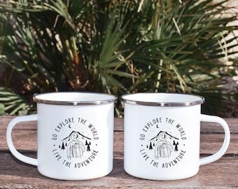 Enamel Camper Mug, Adventure Camping Mug, Mountain Coffee Cup, Outdoor Travel Mug, Nature Lover Gift