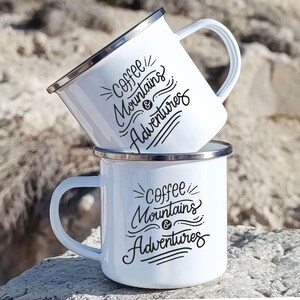 Enamel Camping Mug: Coffee, Mountains & Adventures