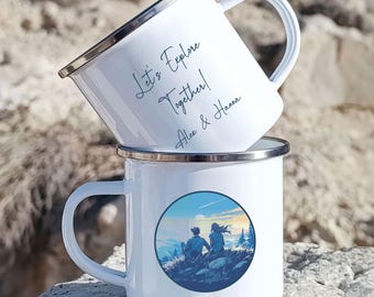 Personalized Camping Mug for Couples, Custom Name Enamel Camper Mug, Adventure Coffee Cup, Couples Mug Gift