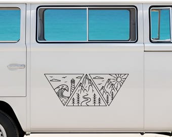 May include: Black and white geometric design featuring a wave, lighthouse, mountains, trees, and sun. The design is applied to the side of a white vehicle, creating a cohesive aesthetic. The artwork is composed of simple lines and shapes.
