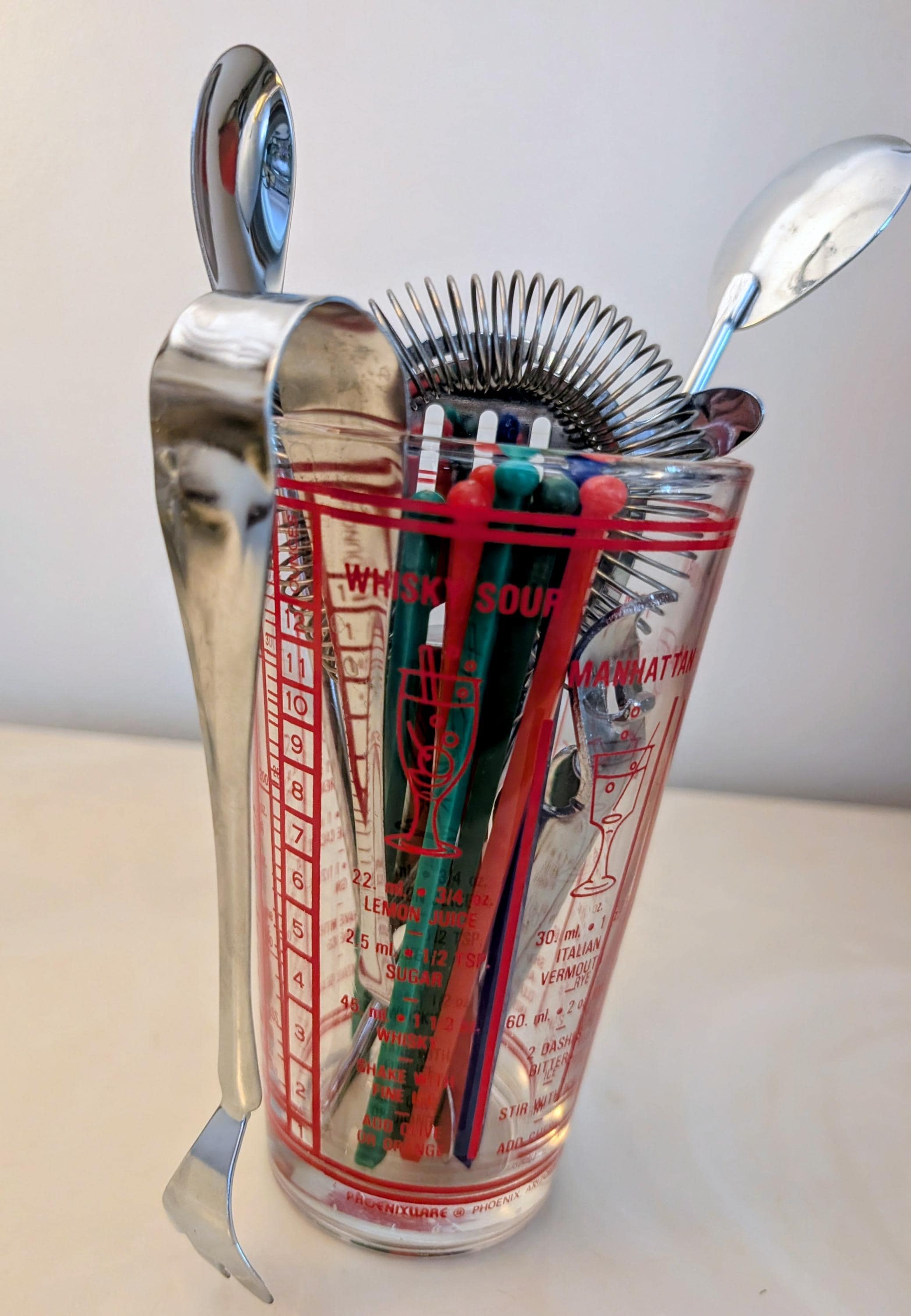 Vintage 1960s Libbey Red Cocktail Shaker Barware Glass with Drink Recipes, Includes 13 Utensils,