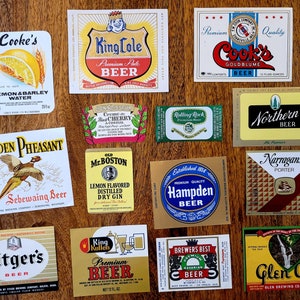 14, Bieretiketten, 1930er, 1950er Jahre, Vintage Bar Dekor, Vintage Etikettensammler, antike Etiketten, Geschenk für Männer, Mid Century Haus, Lithographie