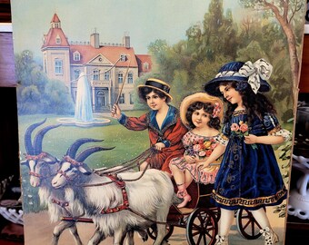 1890, 16"x20"  Antique Original German Lithograph Art Print, Vintage Children, Goat Cart Carriage, Victorian Wall Art, Vintage Nursery Decor