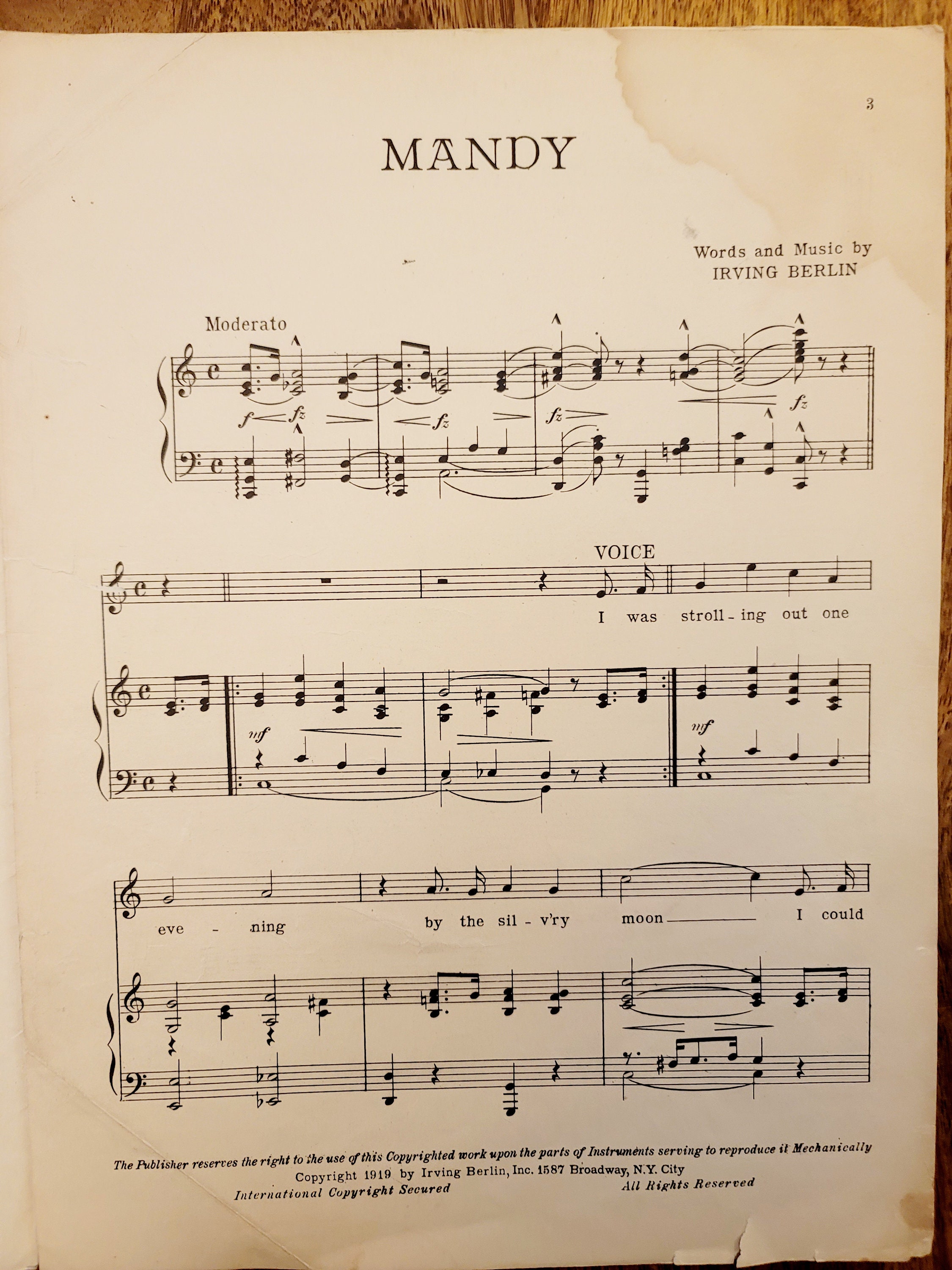 1919, Ziegfeld Follies, mandy by Irving Berlin, Vintage Sheet Music