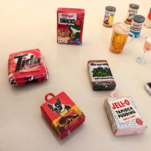 1970s, Collection of 15, Vintage Miniature Foods, Vintage Mini Cans, Cereal, Cake, Beer Mug, Cocktail, Retro Dollhouse Accessories