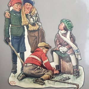 Década de 1920, Arte litográfico original, Papel vintage, "Niños sobre hielo" de Alan Foster, Regalo de coleccionistas de arte impreso vintage, Deportes de invierno