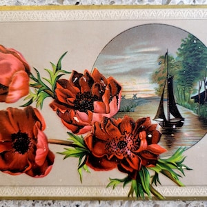 1880er Jahre, Original Lithographie Vintage Karte, viktorianisches Kunst Geschenk, antike Handelswerbekarte, viktorianisches Wohndekor, Segeln und Florale Kunst
