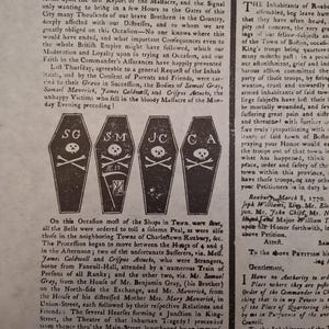 May include: A historical document featuring printed text and four black coffin illustrations, each marked with initials SG, SM, JC, and CA, accompanied by skull and crossbones motifs. The text describes the Boston Massacre and funeral proceedings.