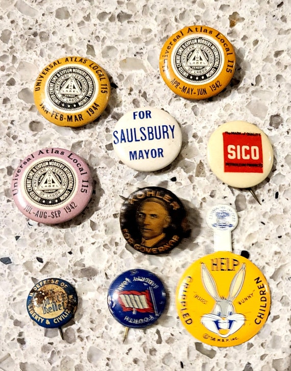 1918-1958, Nine Vintage and Antique Pins, Badges, 