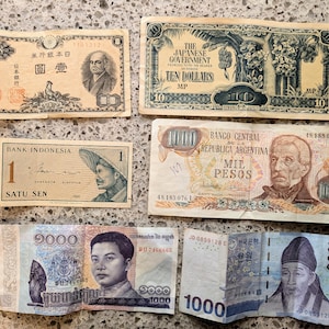 SIX, Vintage Money, International Bank Notes, Vintage Banking, Linen, Cash Collector, Malaya Japanese, Argentina, Indonesia, Korea, Cambodia