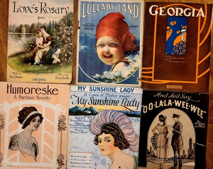 19111922 SIX Original Vintage Sheet Music, Antique Paper Music