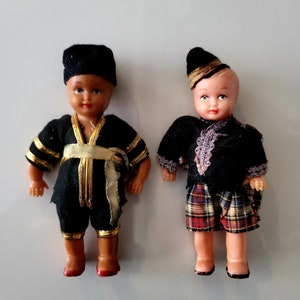 1960, 2 Vintage Dolls, 4.50&quot;, Made In Hong Kong, Scottish & Asian Vintage Traditional Dress, Doll Costume, Vintage Toy, Doll Collector Gift