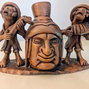 1960s, Tiki, Folk Art, Figures on a Surf Board, Hand Made, Unique Ceramic Glazed Clay, So Ugly It's Cute