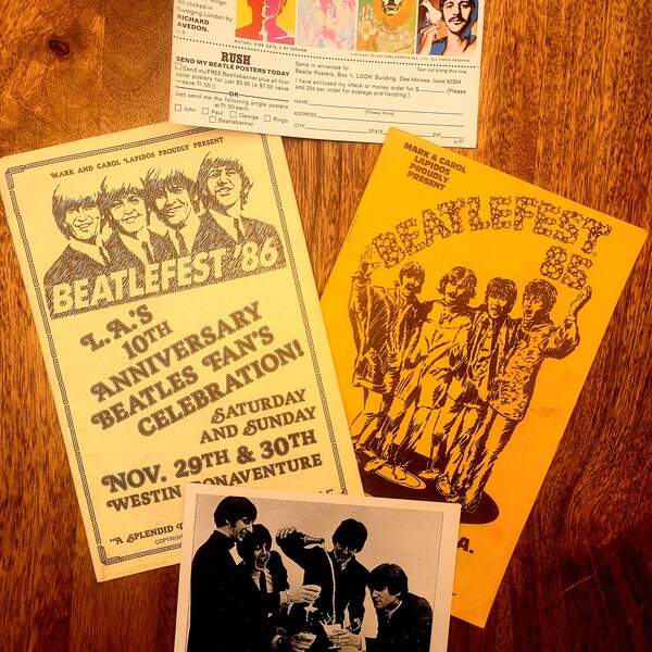 1968, 1980s, Collection of Five Vintage Beatles Memorabilia, Beatles Lover Gift, Vintage Programs, Photograph, Vintage Art Poster Order Card