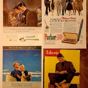 Quatro impressões litográficas originais da Segunda Guerra Mundial 1941-1942, LIFE & Saturday Evening Post, colecionador de papel vintage, presente militar vintage, arte vintage