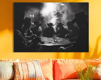 Western Cowboys Poker Canvas Art: Black and White Man Cave Decor